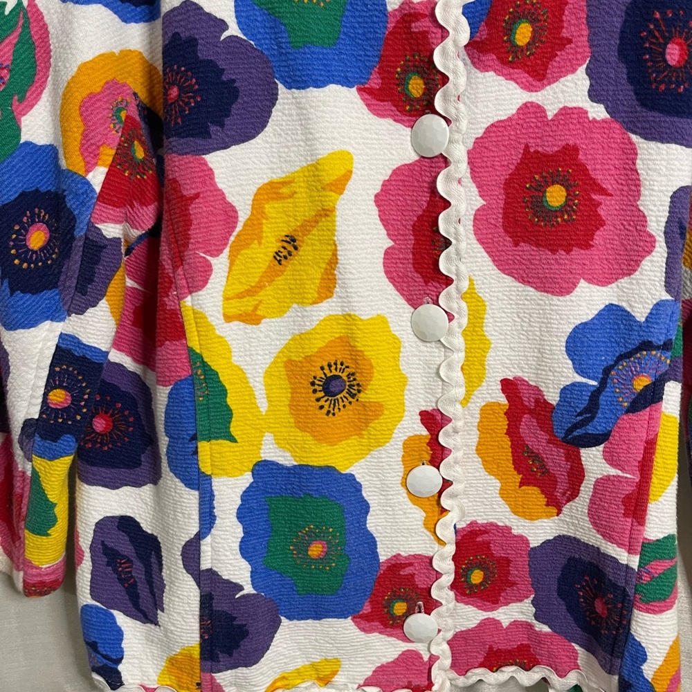 VTG 90’s White Rainbow Floral Print Textured ZigZag Trim Lightweight Shacket - Picture 2 of 4
